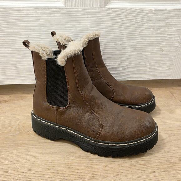 Portland Boot Company Brown Leather Faux Fur Trim Chelsea Ankle Boots Size 8 - Picture 3 of 7